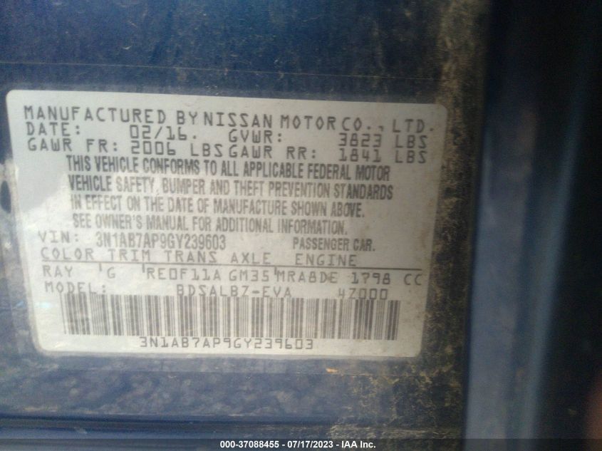 2016 NISSAN SENTRA S - 3N1AB7AP9GY239603