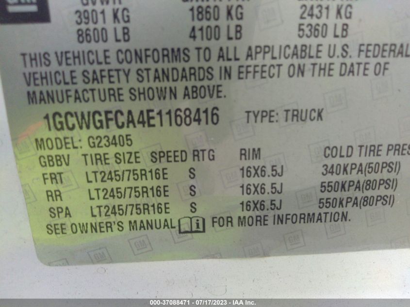 2014 CHEVROLET EXPRESS CARGO VAN - 1GCWGFCA4E1168416