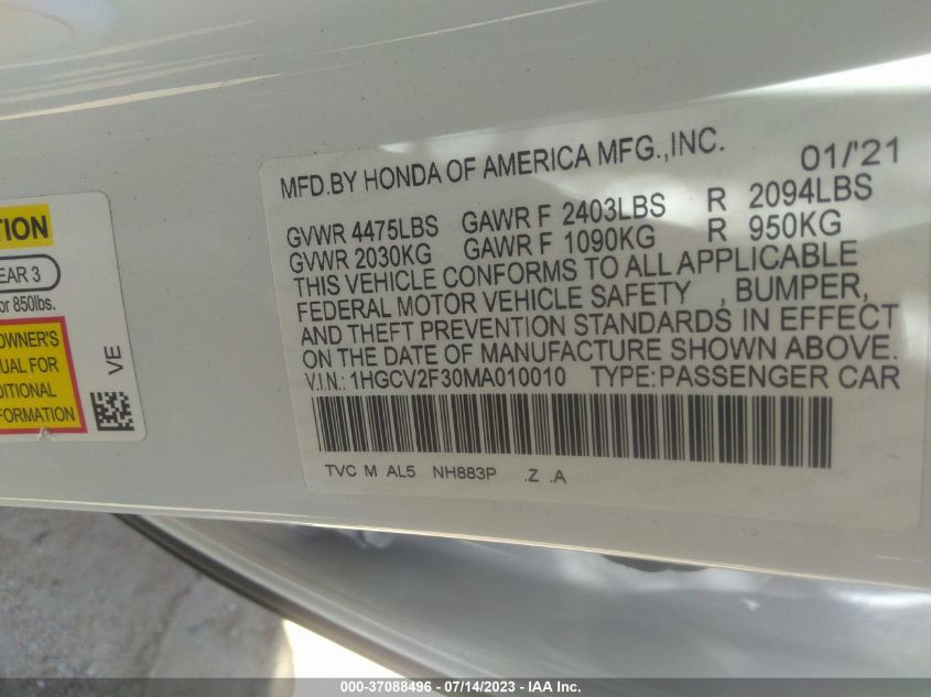 2021 HONDA ACCORD SEDAN SPORT - 1HGCV2F30MA010010