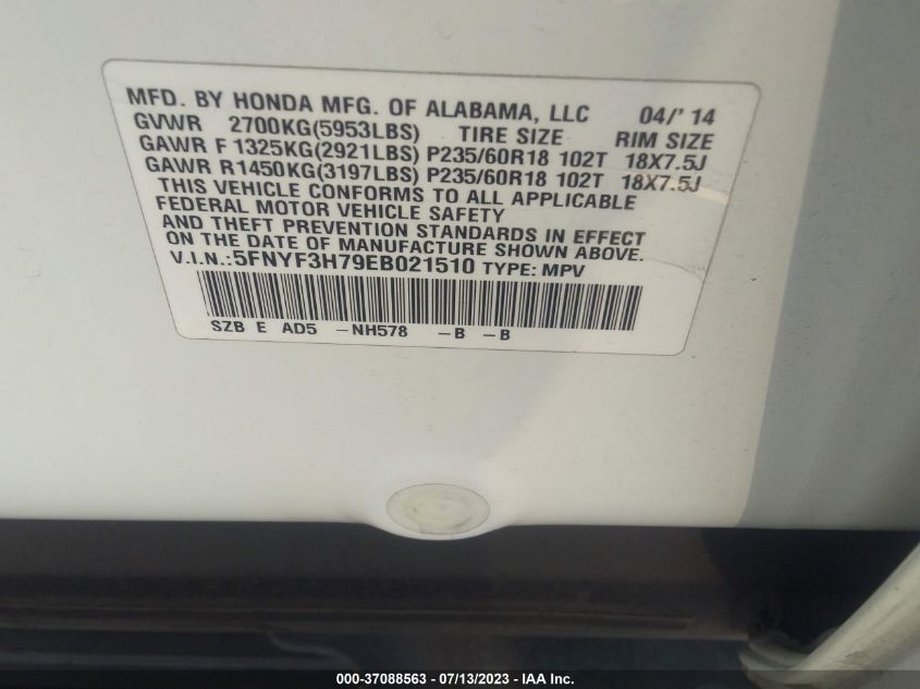 2014 HONDA PILOT EX-L - 5FNYF3H79EB021510