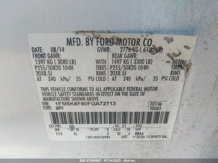2015 FORD EXPLORER LIMITED - 1FM5K8F80FGA72713