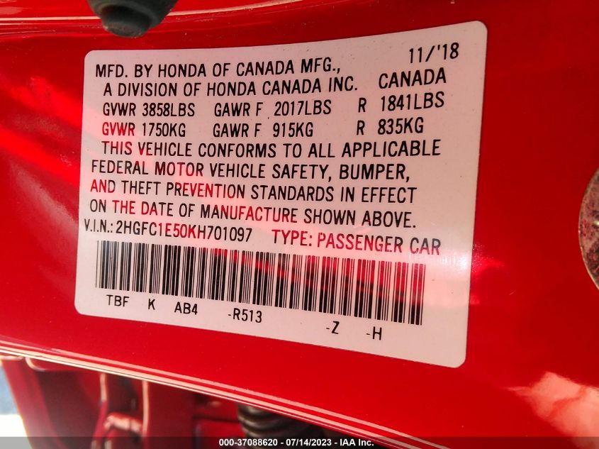 2019 HONDA CIVIC SI SEDAN 2HGFC1E50KH701097