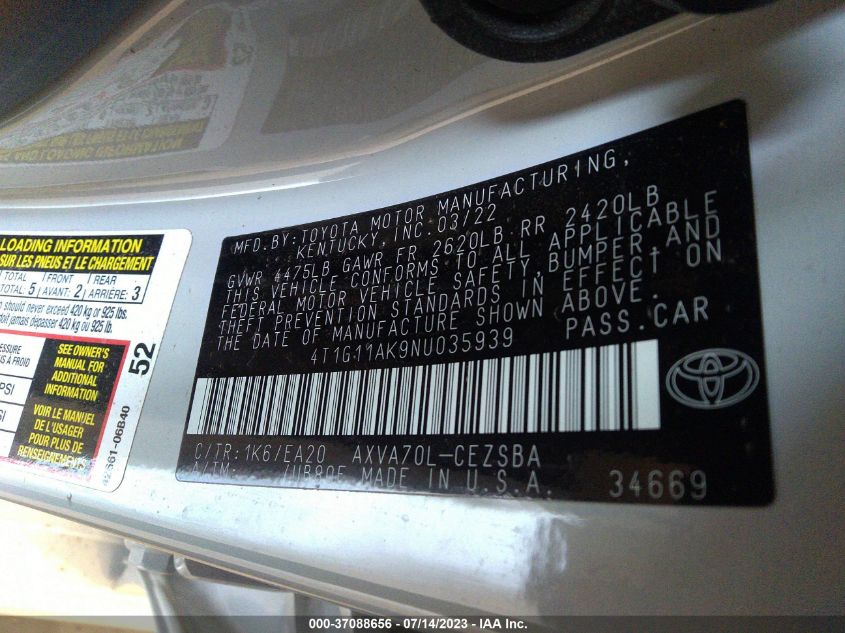 2022 TOYOTA CAMRY SE - 4T1G11AK9NU035939