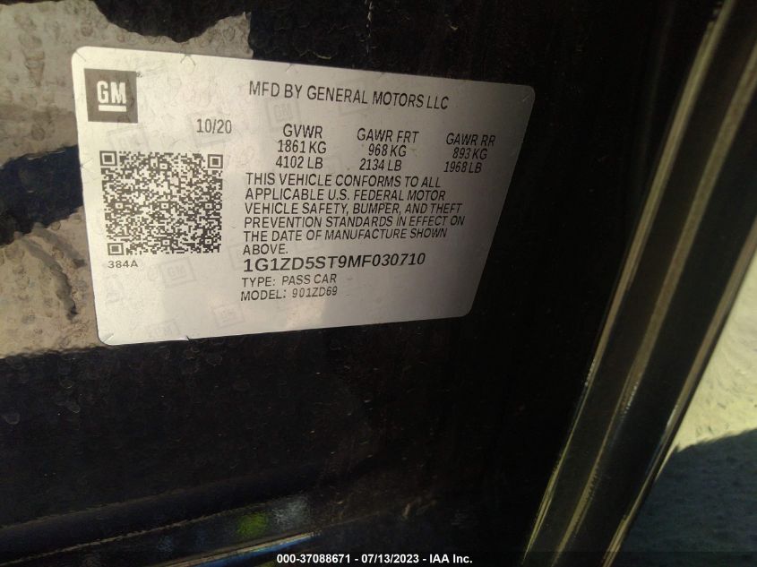 2021 CHEVROLET MALIBU LT - 1G1ZD5ST9MF030710