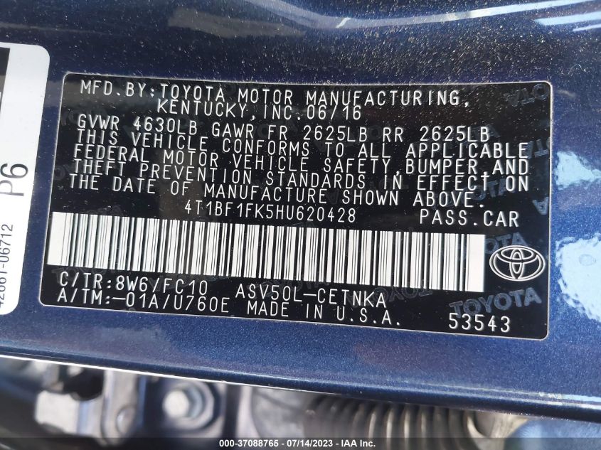 2017 TOYOTA CAMRY XLE/SE/LE/XSE - 4T1BF1FK5HU620428