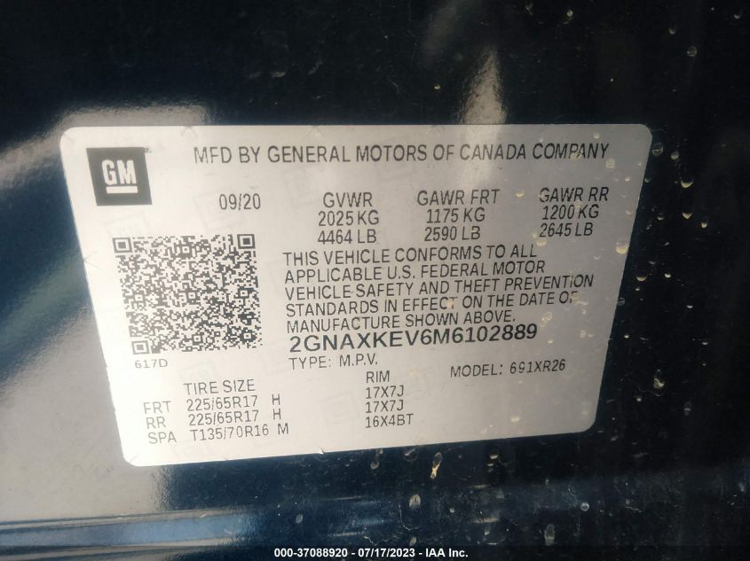 2021 CHEVROLET EQUINOX LT - 2GNAXKEV6M6102889