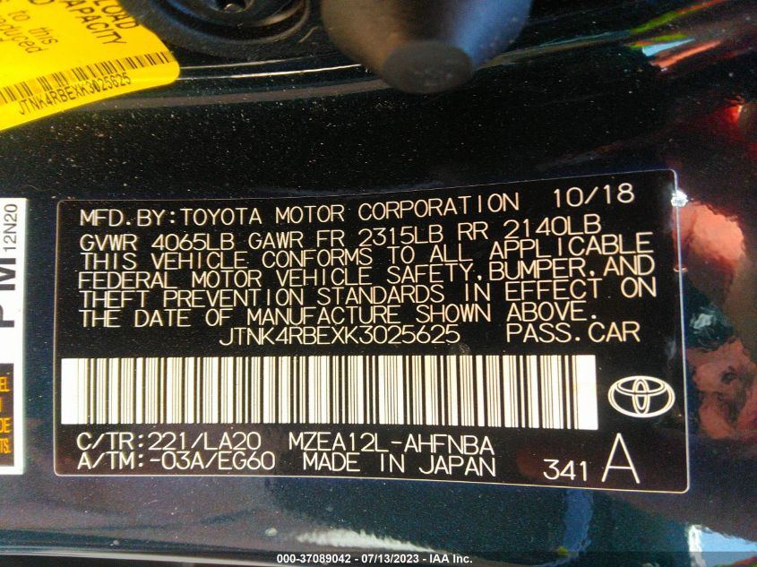 2019 TOYOTA COROLLA HATCHBACK SE/XSE JTNK4RBEXK3025625
