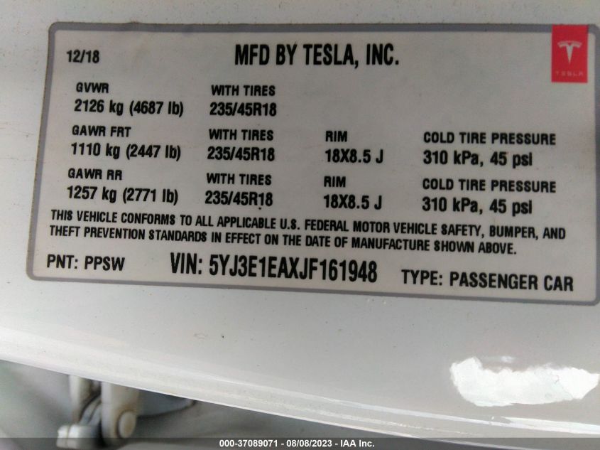 2018 TESLA MODEL 3 RANGE BATTERY - 5YJ3E1EAXJF161948