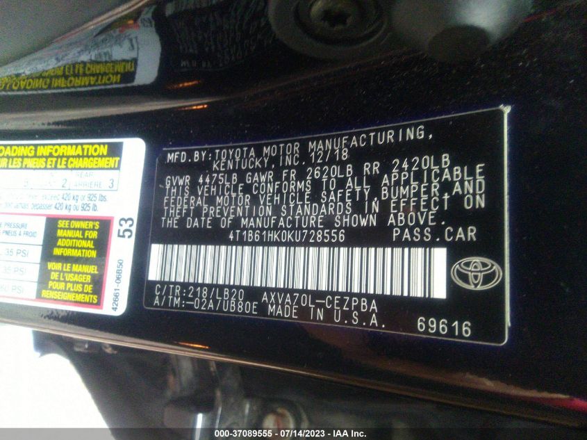 2019 TOYOTA CAMRY XSE - 4T1B61HK0KU728556