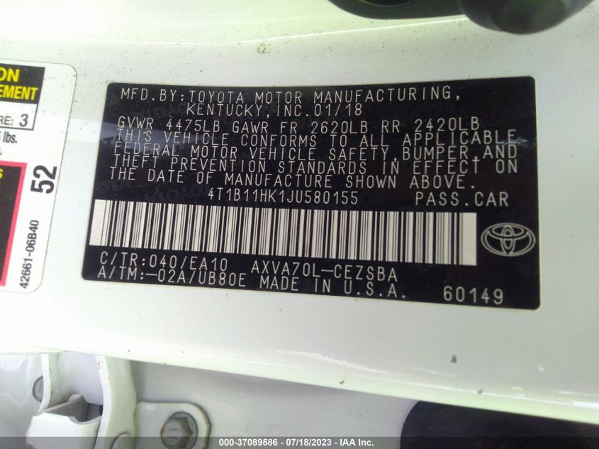 2018 TOYOTA CAMRY LE/SE/XLE/L - 4T1B11HK1JU580155