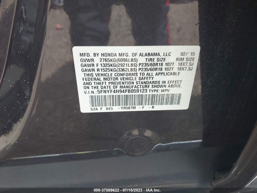 2015 HONDA PILOT TOURING - 5FNYF4H94FB059123