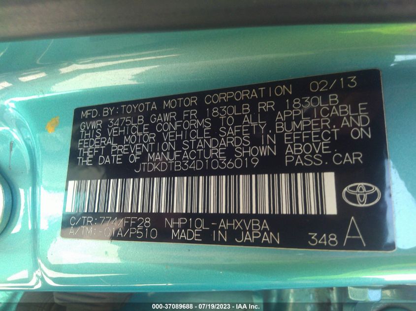 2013 TOYOTA PRIUS C ONE/TWO/THREE/FOUR - JTDKDTB34D1036019