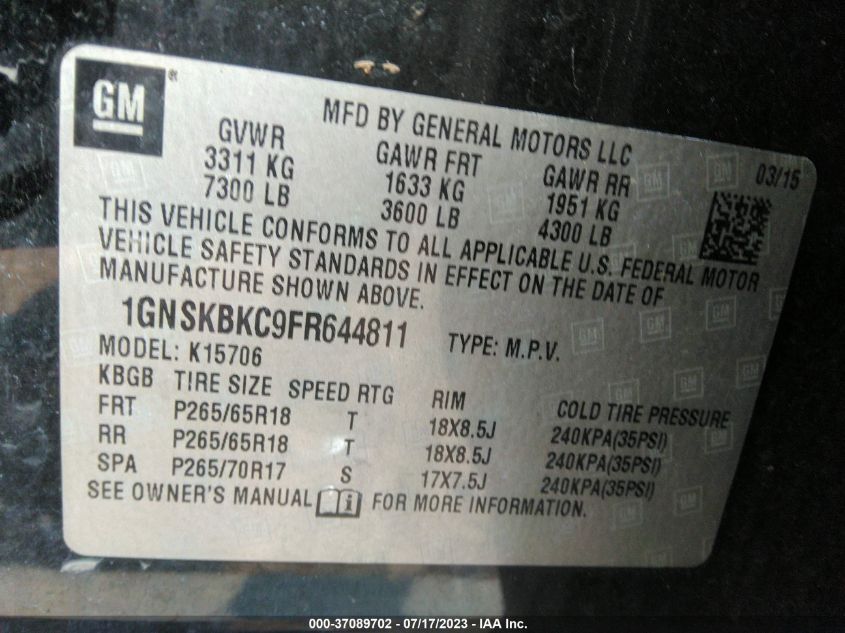 2015 CHEVROLET TAHOE LT - 1GNSKBKC9FR644811