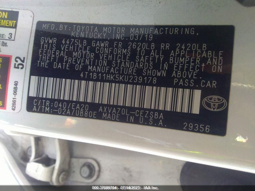 2019 TOYOTA CAMRY LE/SE/XLE/L - 4T1B11HK5KU239178