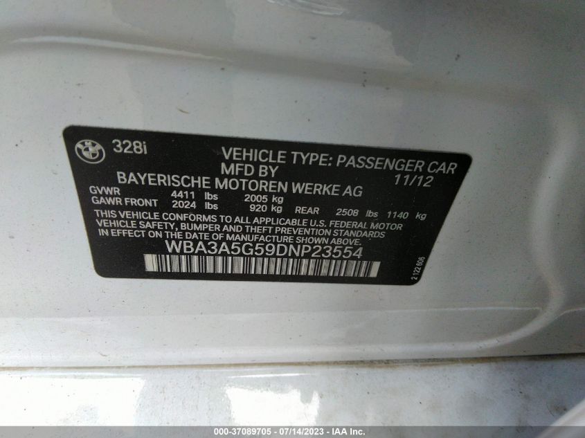 2013 BMW 3 SERIES 328I - WBA3A5G59DNP23554