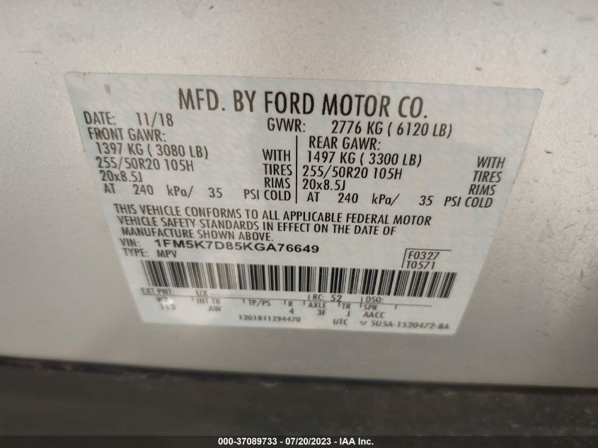 2019 FORD EXPLORER XLT - 1FM5K7D85KGA76649