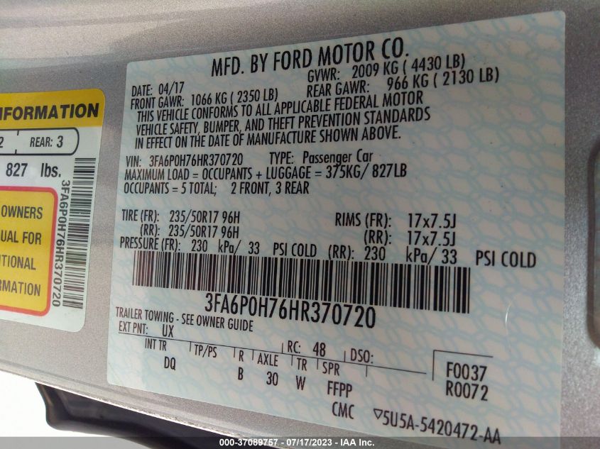 2017 FORD FUSION SE - 3FA6P0H76HR370720