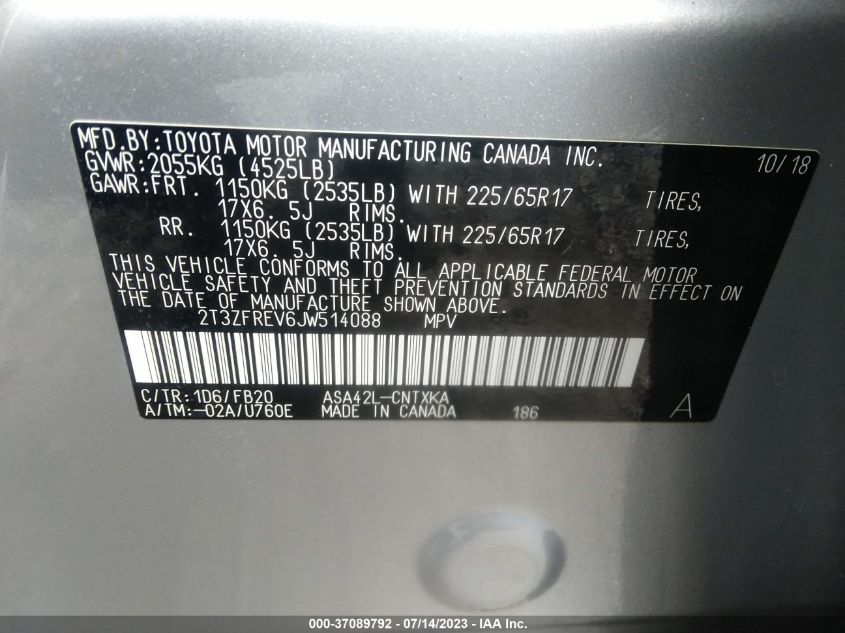 2018 TOYOTA RAV4 LE - 2T3ZFREV6JW514088