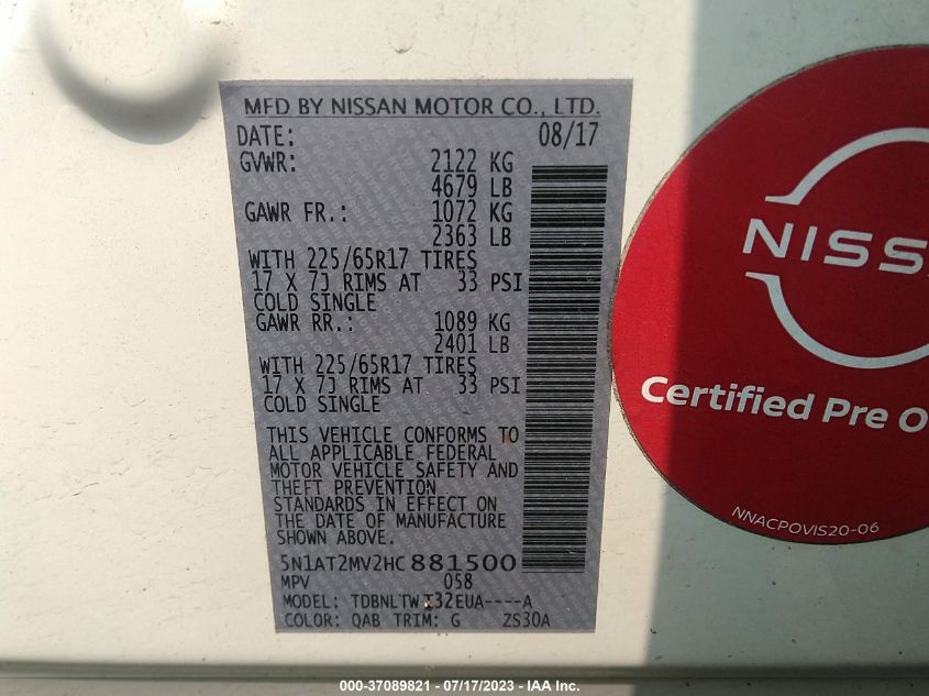2017 NISSAN ROGUE SV - 5N1AT2MV2HC881500