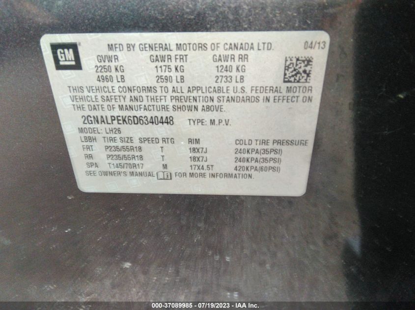 2013 CHEVROLET EQUINOX LT - 2GNALPEK6D6340448