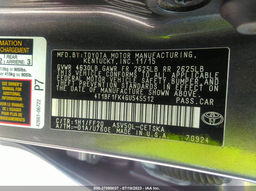 2016 TOYOTA CAMRY XLE/SE/LE/XSE - 4T1BF1FK4GU545512