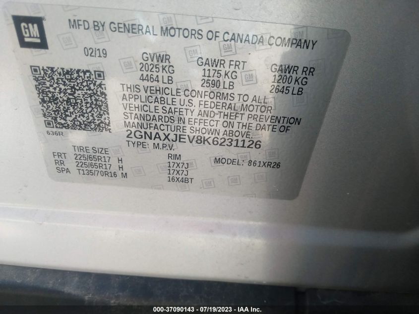 2019 CHEVROLET EQUINOX LT - 2GNAXJEV8K6231126