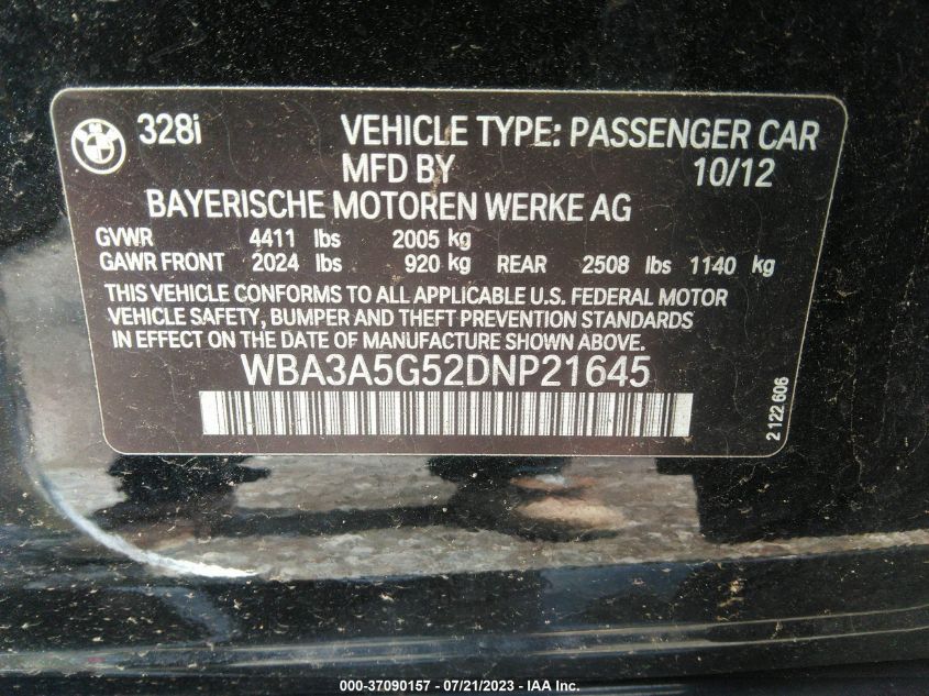 2013 BMW 3 SERIES 328I - WBA3A5G52DNP21645