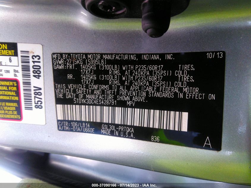 2014 TOYOTA SIENNA XLE/XLE AAS/LTD - 5TDYK3DC4ES428791