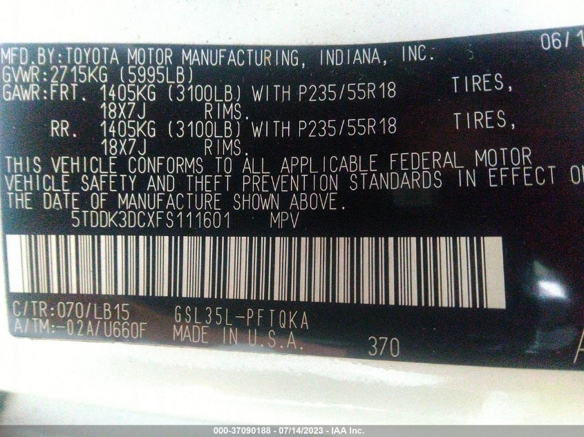 2015 TOYOTA SIENNA XLE/LIMITED - 5TDDK3DCXFS111601