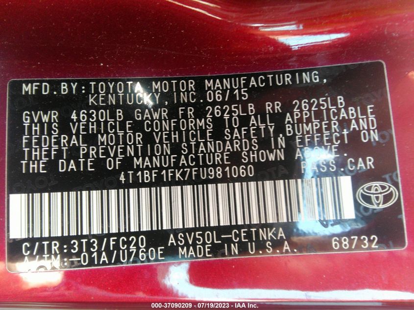 2015 TOYOTA CAMRY XLE/SE/LE/XSE - 4T1BF1FK7FU981060