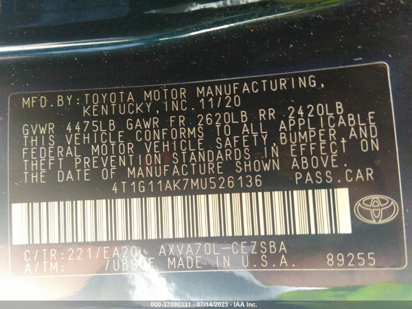 2021 TOYOTA CAMRY SE/SE NIGHT SHADE - 4T1G11AK7MU526136