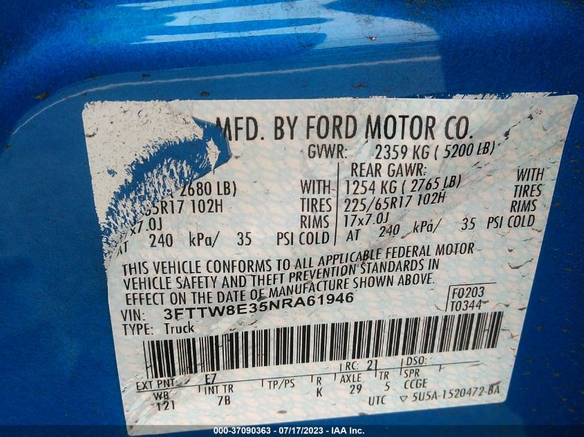 2022 FORD MAVERICK XL/XLT/LARIAT - 3FTTW8E35NRA61946