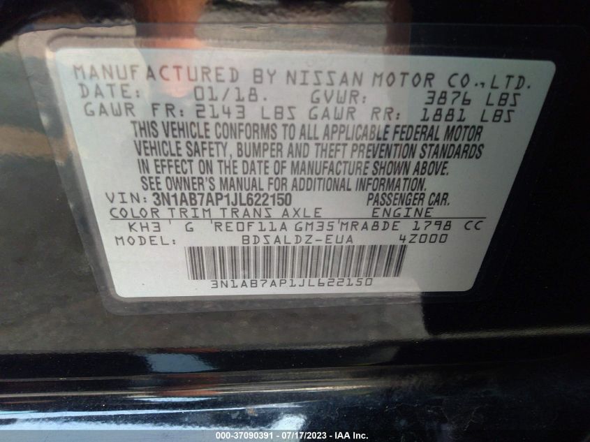2018 NISSAN SENTRA SV - 3N1AB7AP1JL622150