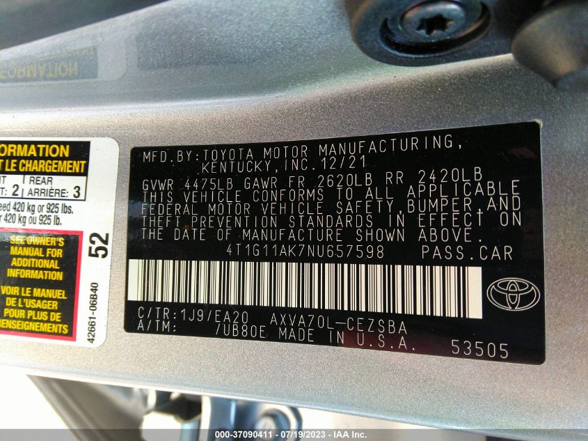 2022 TOYOTA CAMRY SE/SE NIGHT SHADE - 4T1G11AK7NU657598