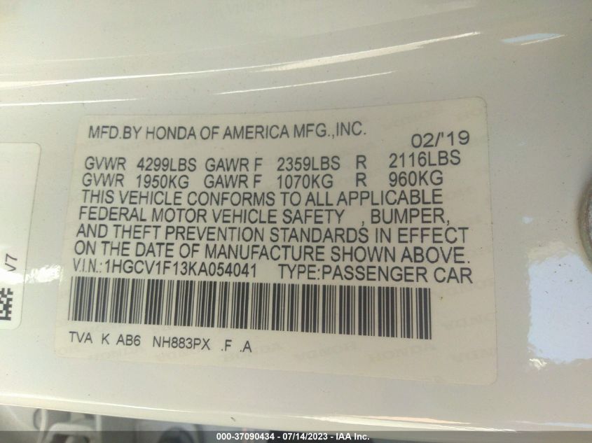 2019 HONDA ACCORD SEDAN LX 1.5T - 1HGCV1F13KA054041