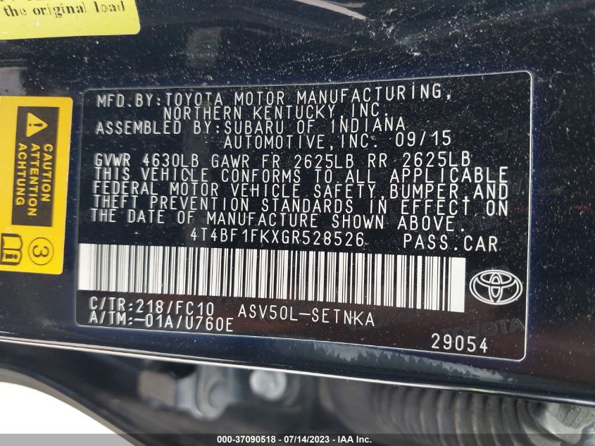 2016 TOYOTA CAMRY XLE/SE/LE/XSE - 4T4BF1FKXGR528526
