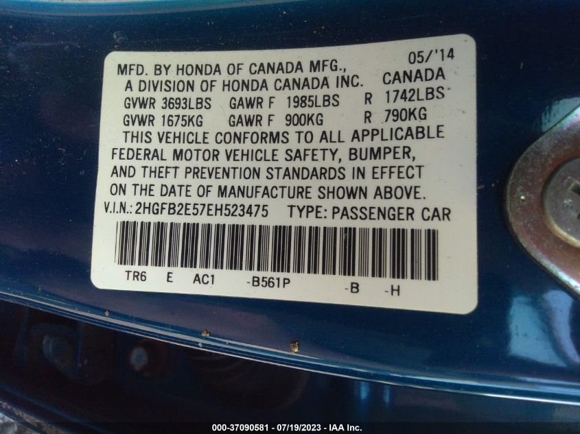 2014 HONDA CIVIC SEDAN LX - 2HGFB2E57EH523475