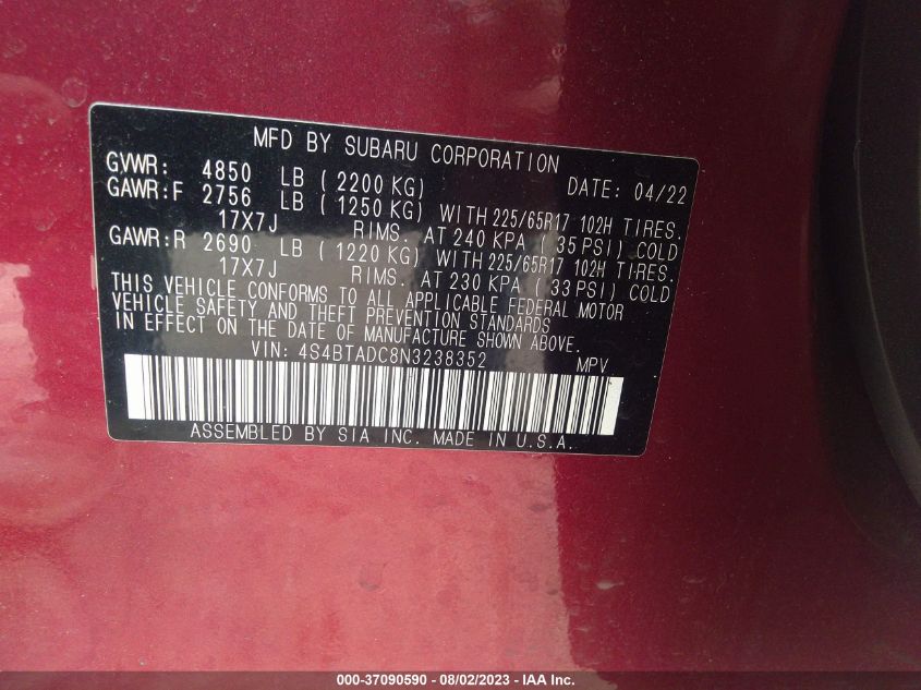 2022 SUBARU OUTBACK PREMIUM - 4S4BTADC8N3238352