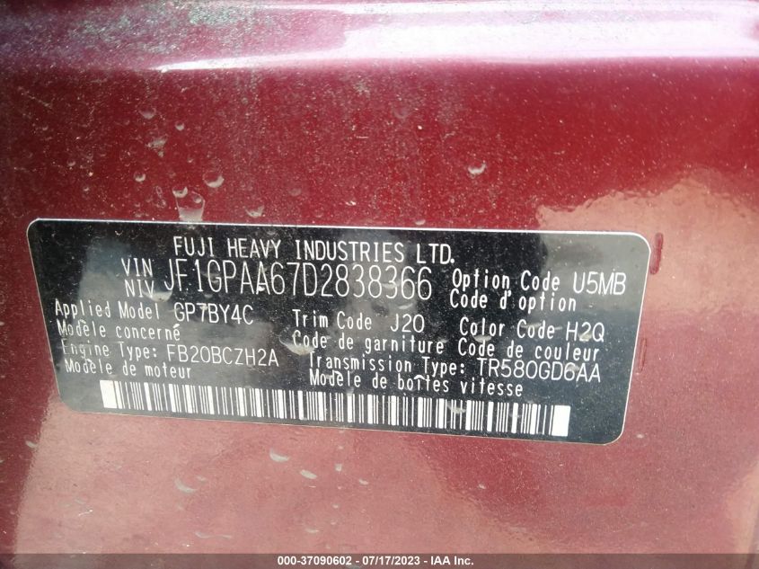 2013 SUBARU IMPREZA 2.0I - JF1GPAA67D2838366