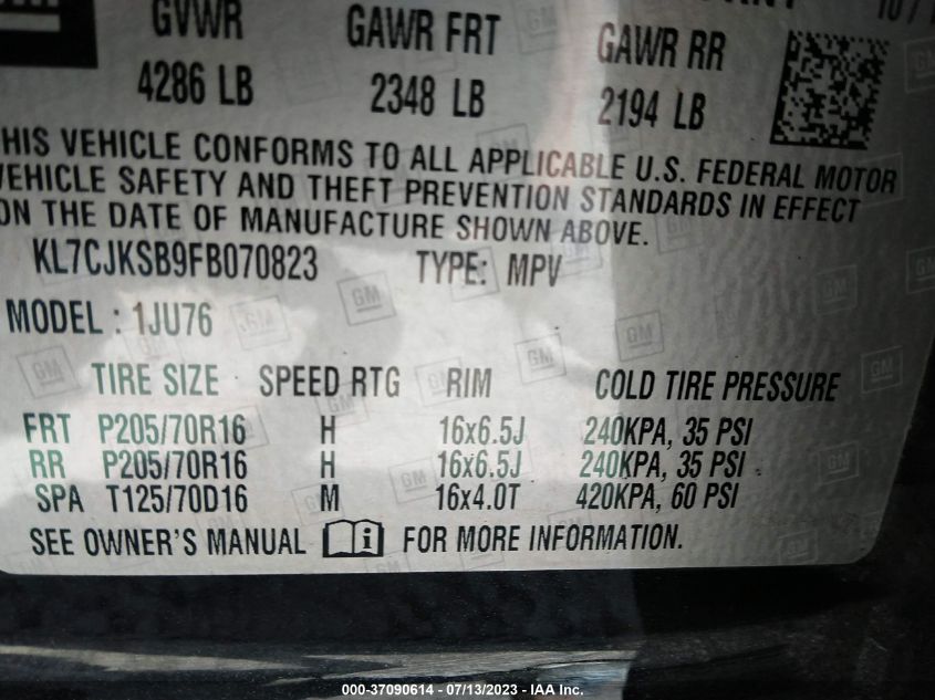 2015 CHEVROLET TRAX LS - KL7CJKSB9FB070823