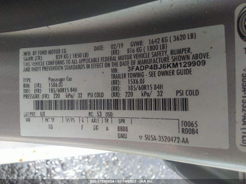 2019 FORD FIESTA SE - 3FADP4BJ6KM129909