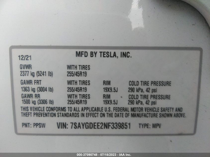 2022 TESLA MODEL Y LONG RANGE - 7SAYGDEE2NF339851