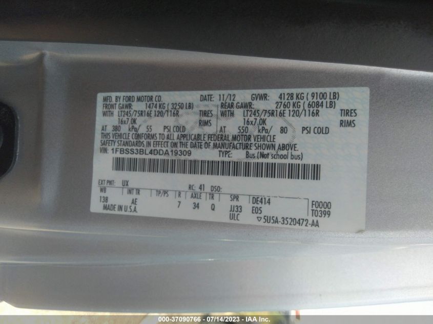 2013 FORD ECONOLINE WAGON XL/XLT 1FBSS3BL4DDA19309