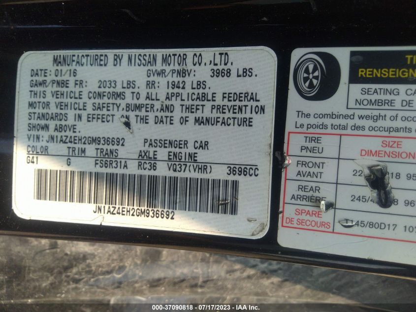 2016 NISSAN 370Z - JN1AZ4EH2GM936692