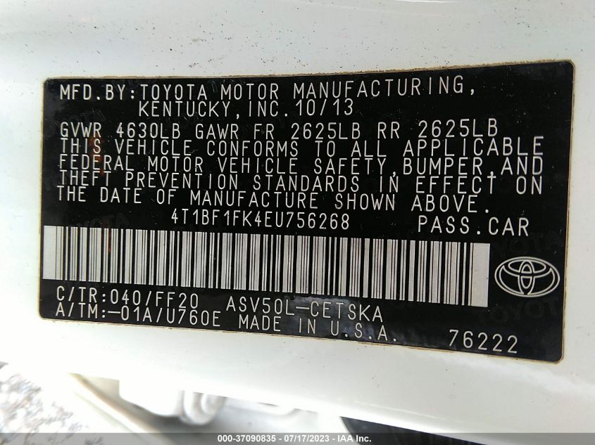 2014 TOYOTA CAMRY L/LE/XLE/SE/SE SPORT - 4T1BF1FK4EU756268