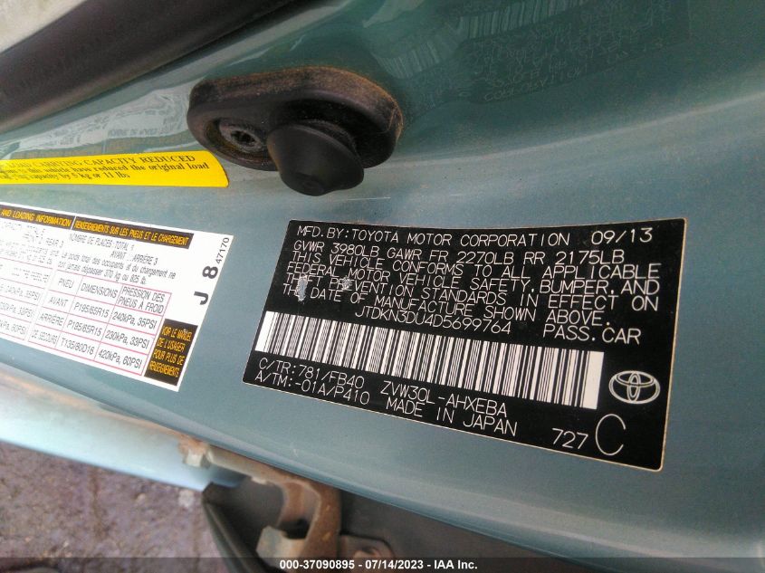 2013 TOYOTA PRIUS ONE/TWO/THREE/FOUR/FIVE - JTDKN3DU4D5699764