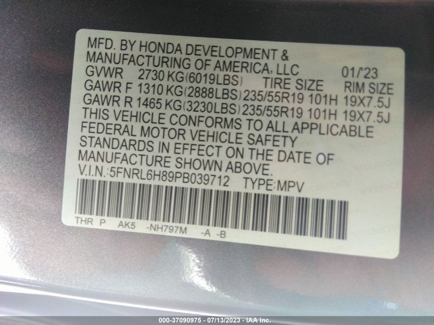 2023 HONDA ODYSSEY TOURING - 5FNRL6H89PB039712