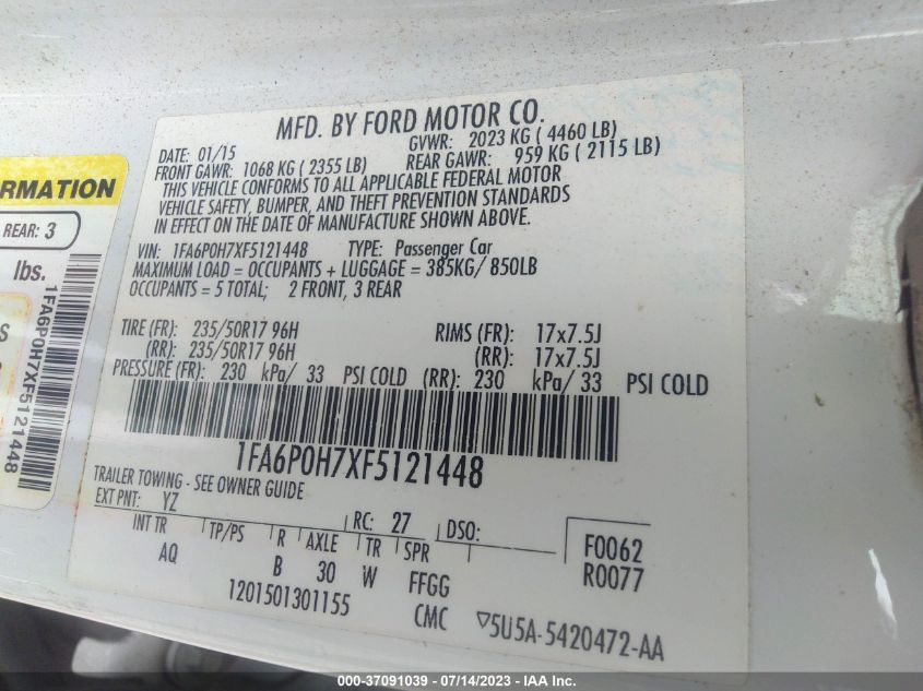 2015 FORD FUSION SE - 1FA6P0H7XF5121448