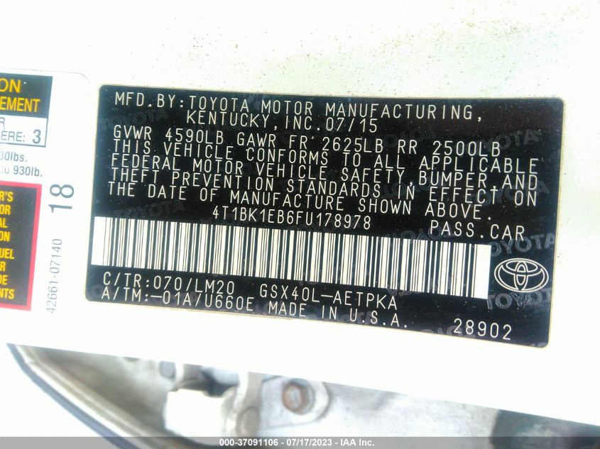 2015 TOYOTA AVALON LIMITED - 4T1BK1EB6FU178978