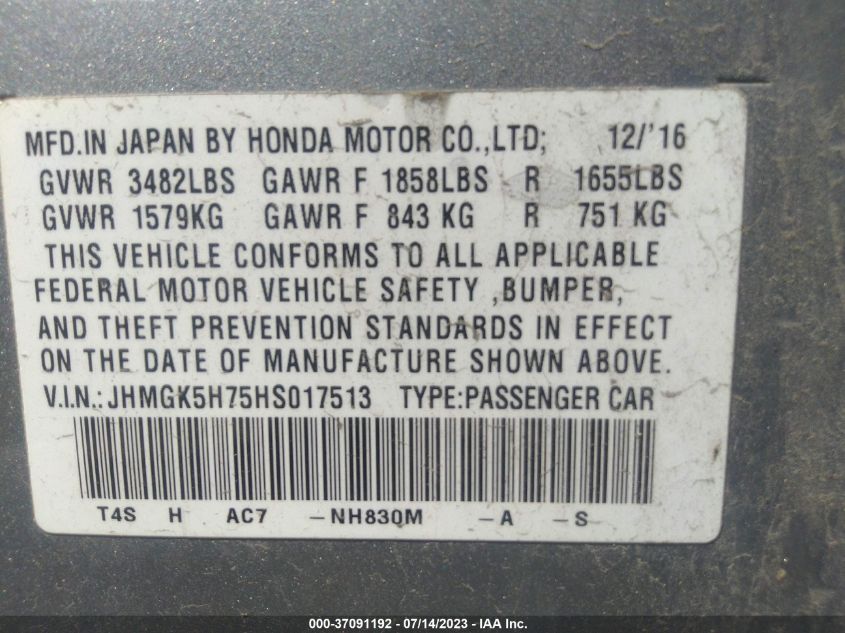 2017 HONDA FIT EX - JHMGK5H75HS017513